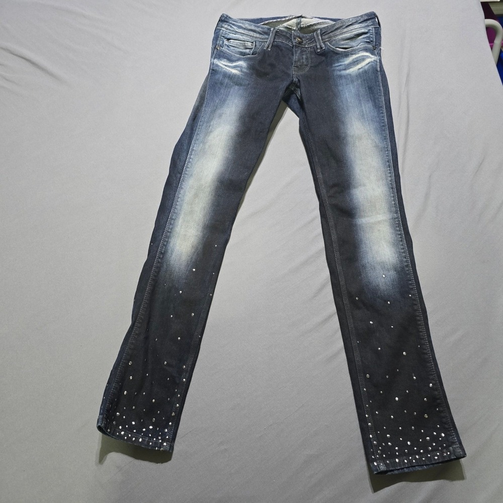 Pepe Jeans Temptation Jeans Womens 29 Dark Blue Studded Low Rise Slim Leg